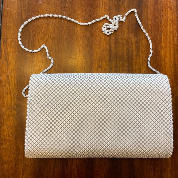 White mesh rhinestone gold accents chain link strap evening purse clutch - Picture 5 of 8